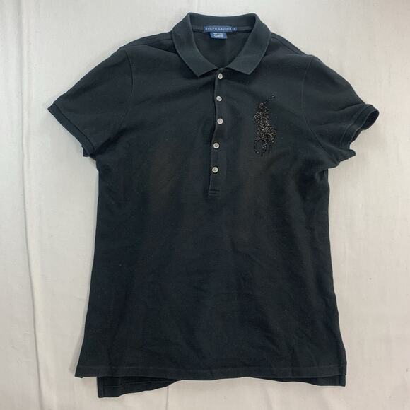Ralph Lauren Skinny-Fit Big Pony Rhinestone Polo Shirt Women’s Size Large Black - Picture 1 of 6